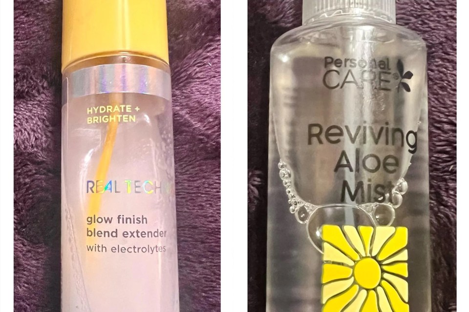 Real Techniques' Glow Finish Blend Extender and Personal Care Reviving Aloe Mist cost $1.25 each at Dollar Tree