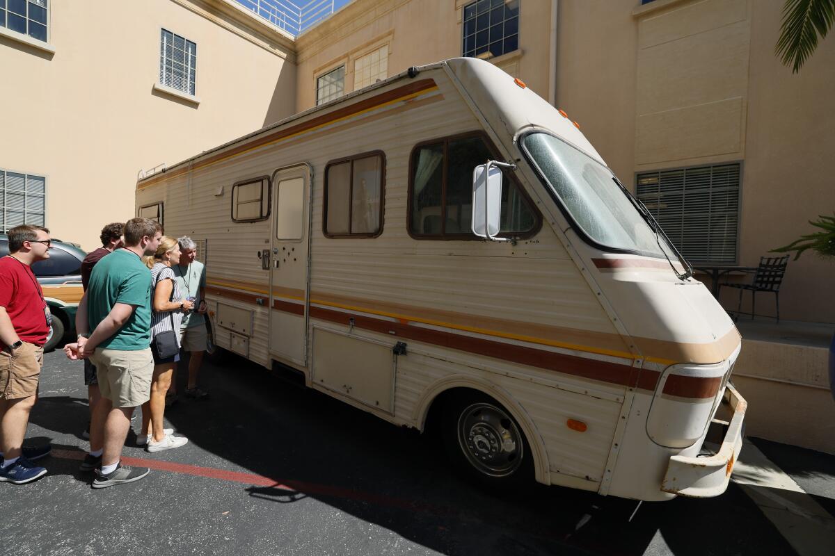 An RV with fake bullet holes. 