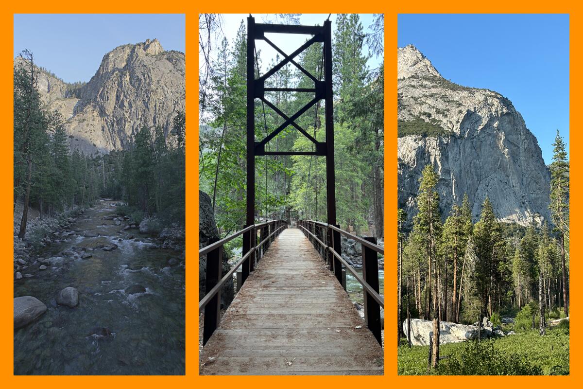 Three photos: A rocky, tree-lined river leads to a mountain; A suspension bridge; Trees surround the base of a mountain.