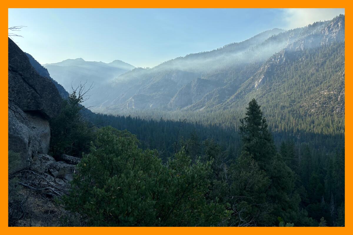 A tree-lined valley extends into the distance. Fog rests at the tops of the mountains.