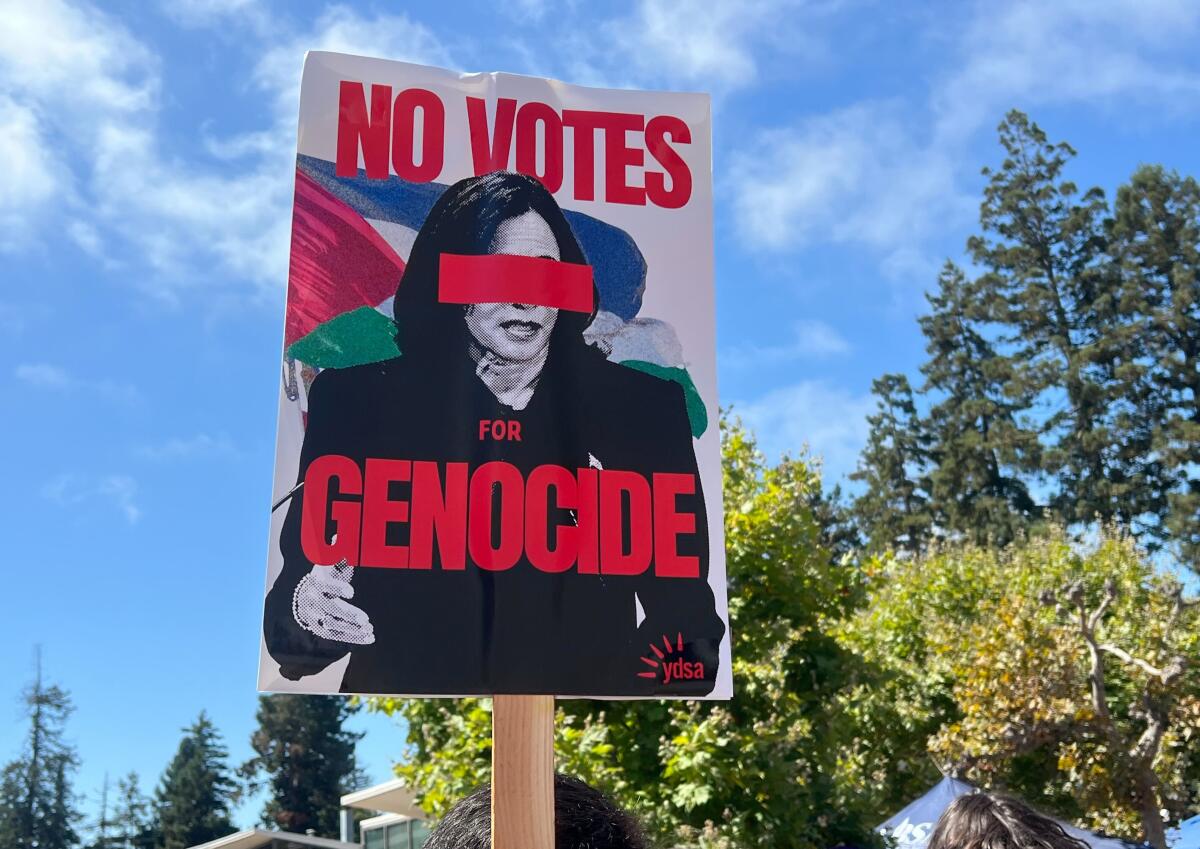 A close-up of a protest sign that pictures Vice President Kamala Harris and says "No Votes for Genocide." 