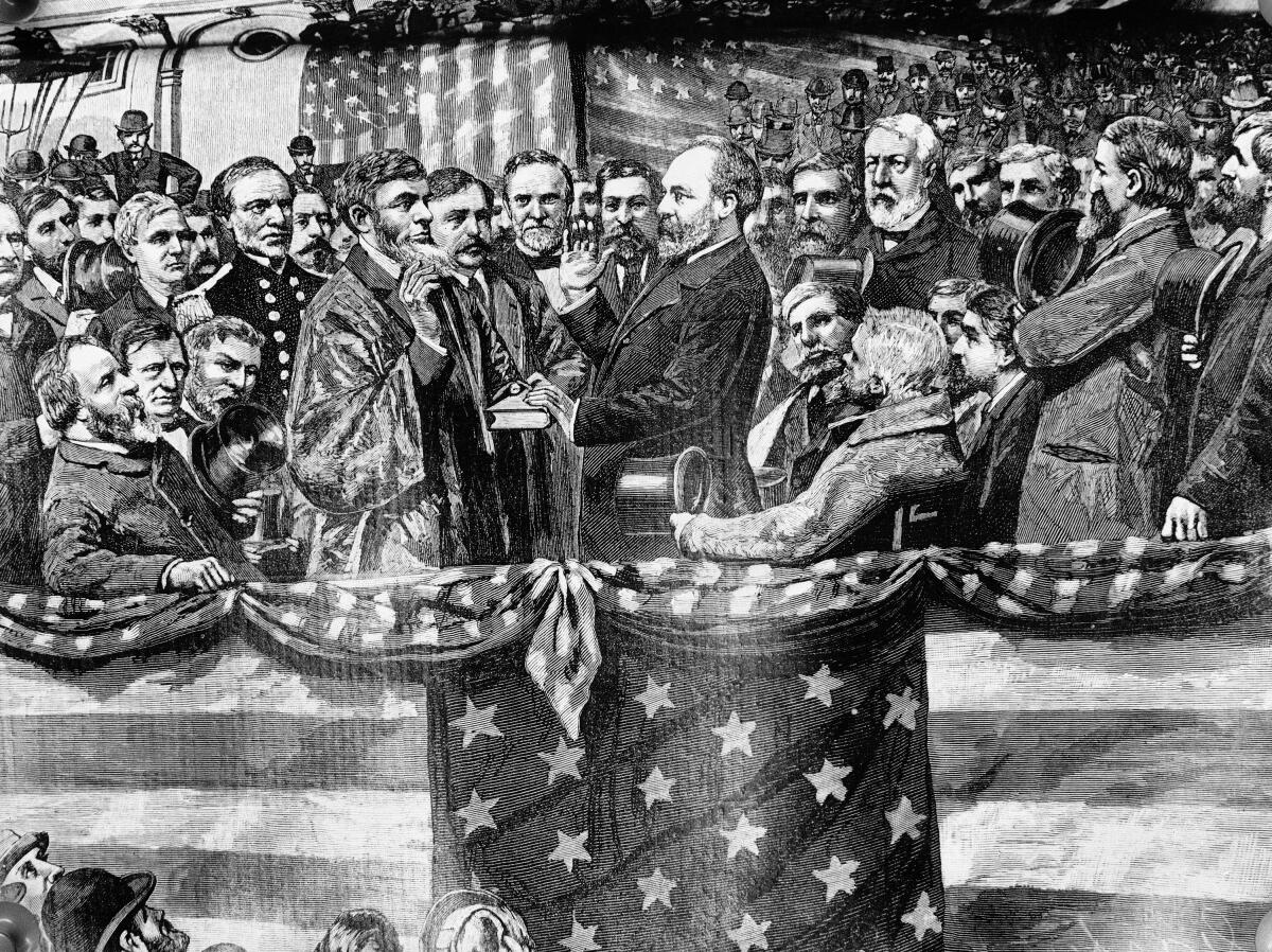 A black-and-white illustration of James A. Garfield standing, right hand raised, as he's sworn in as president before a crowd