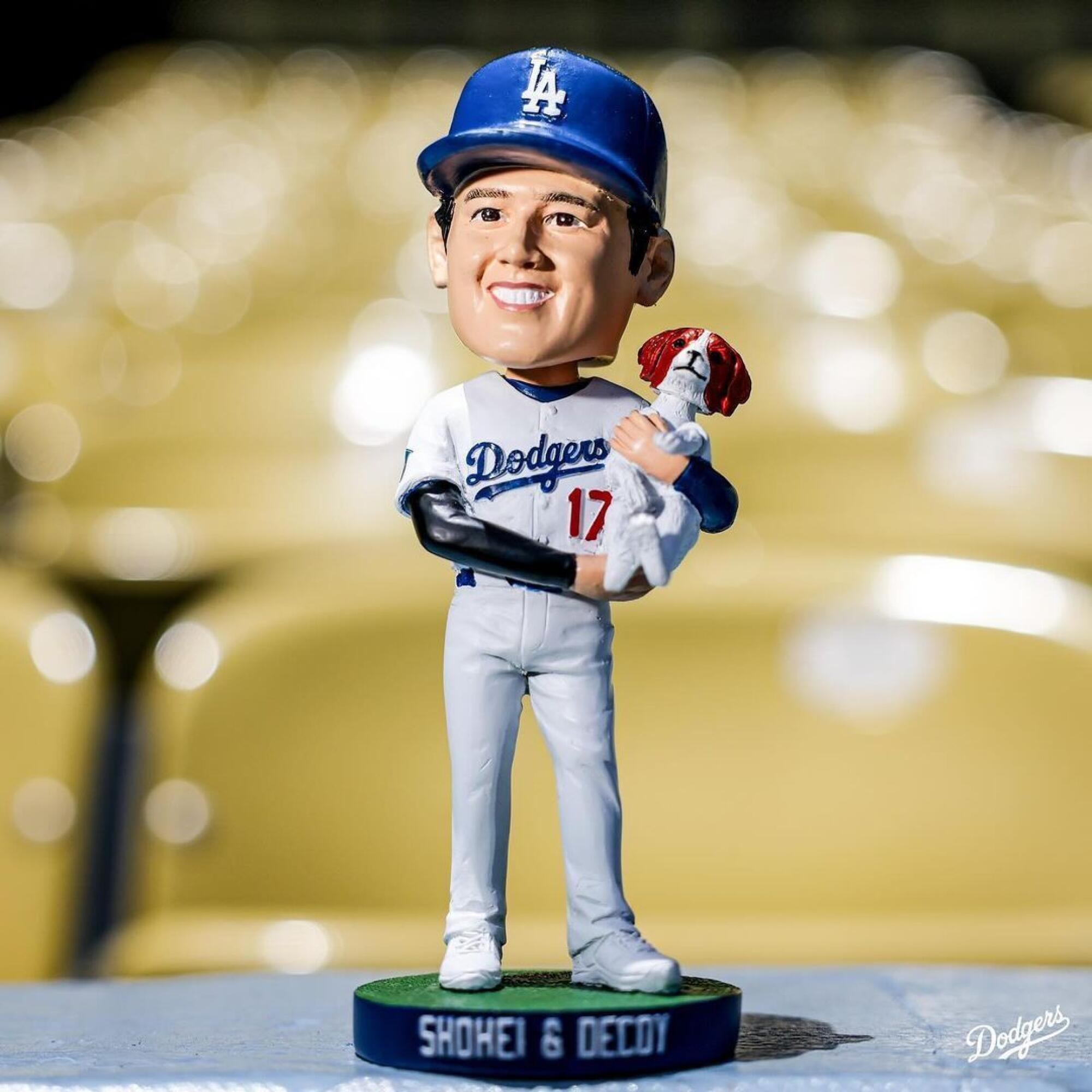 Shohei Ohtani and Decoy bobblehead doll that will be given out to fans at Dodger Stadium.