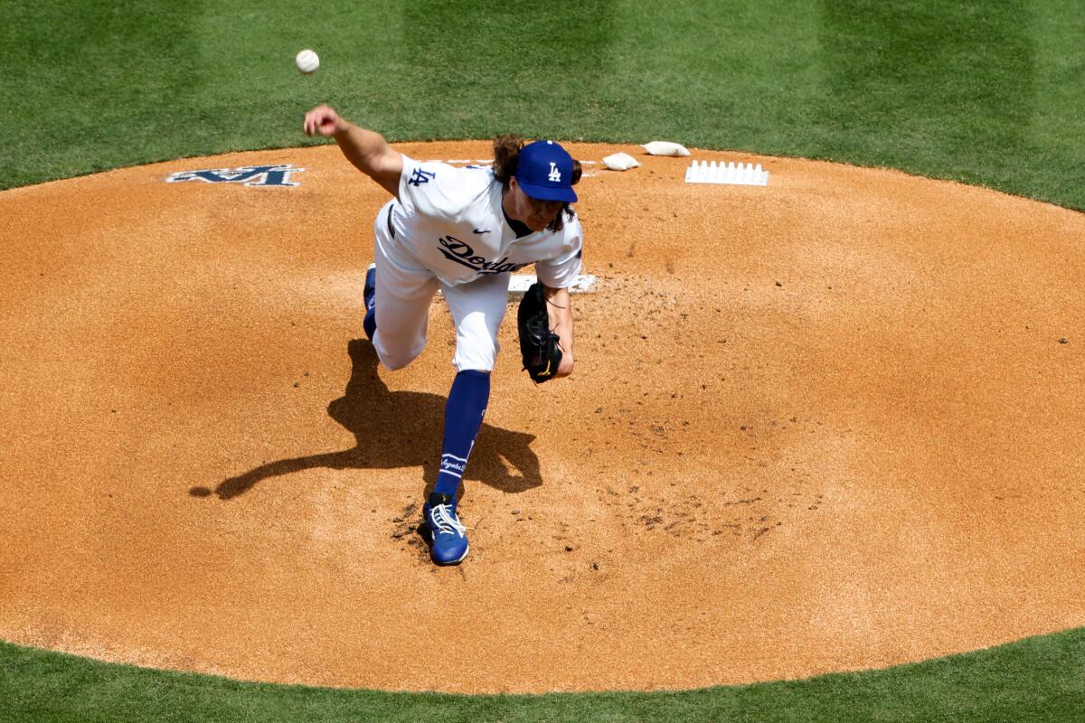 Dodgers pitcher Tyler Glasnow throws against the St. Louis Cardinals on opening day in March.