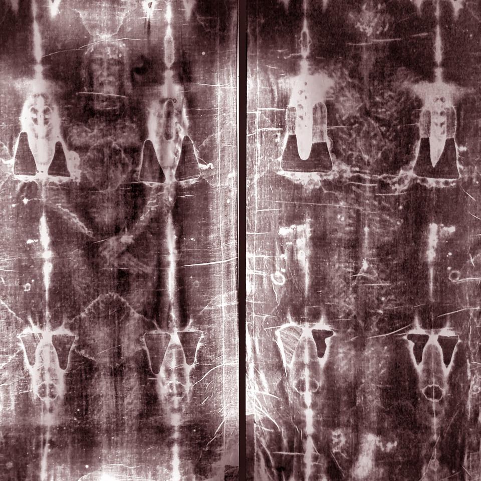 The top and bottom of the Shroud of Turin also feature the body markings of the man many believe is Jesus