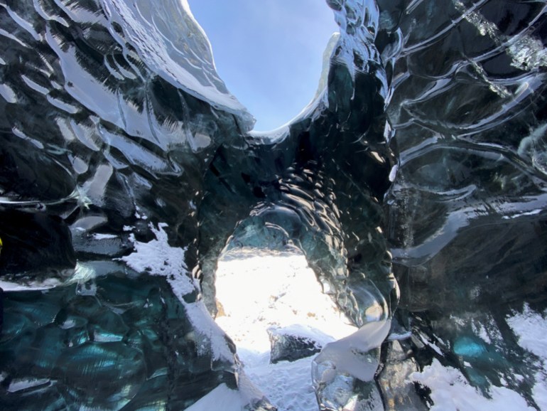 An ice cave is seen at Jokulsarlon glacier 