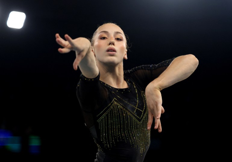 Paris 2024 Olympics - Artistic Gymnastics - Women's All-Around Final - Bercy Arena, Paris, France - August 01, 2024. Kaylia Nemour of Algeria in action on the Floor Exercise. REUTERS/Hannah Mckay