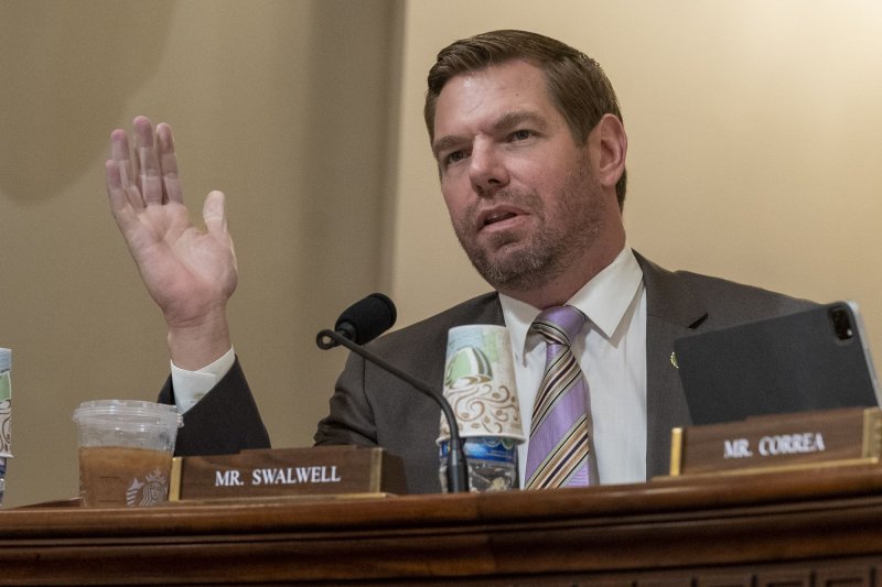 U.S. Rep. Eric Swalwell D-Calif., speaks during a border hearing on Capitol Hill in Washington, D.C., in June of 2023. On Thursday, the man who threatened to kill him and his family was sentenced to two years' imprisonment. Photo by Ken Cedeno/UPI