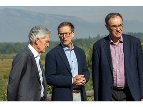 Jerome Powell, chairman of the US Federal Reserve, from left, Tiff Macklem, governor of the Bank of Canada, and Andrew Bailey, governor of the Bank of England during the Kansas City Federal Reserve's Jackson Hole Economic Policy Symposium, Aug. 23, 2024.