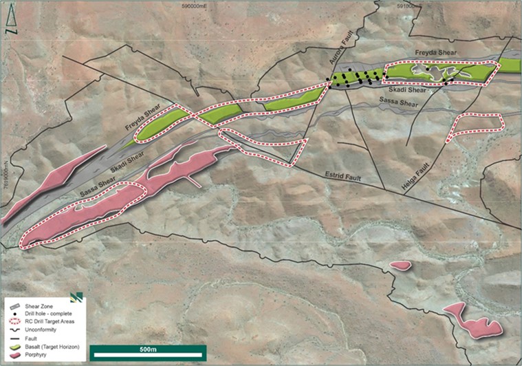 Nunyerry project area with interpreted geology, highlighting strike extent of favourable stratigraphy and additional structural targets for further drill testing.