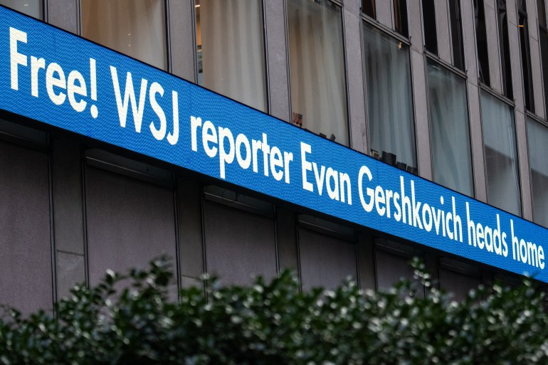 The News Corp news ticker announcing Gershkovich's freedom. The ticker iis on the outside of the company HQ in New York.