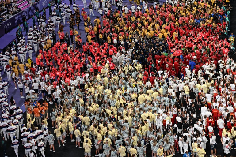 Athletes inside the stadium during the closing ceremony