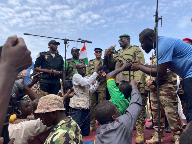 Mohamed Toumba, one of the soldiers who ousted Nigerian President Mohamed Bazoum, addresses supporters of Niger's ruling junta in Niamey in August 2023.