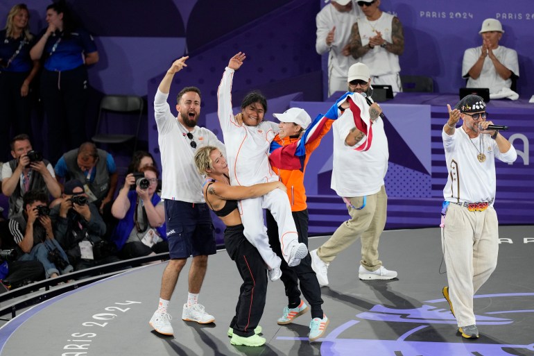 Netherland's India Sardjoe, known as B-Girl India, after competing during the B-Girls bronze medal battle at the breaking competition at La Concorde Urban Park at the 2024 Summer Olympics, Friday, Aug. 9, 2024, in Paris, France. (AP Photo/Abbie Parr)