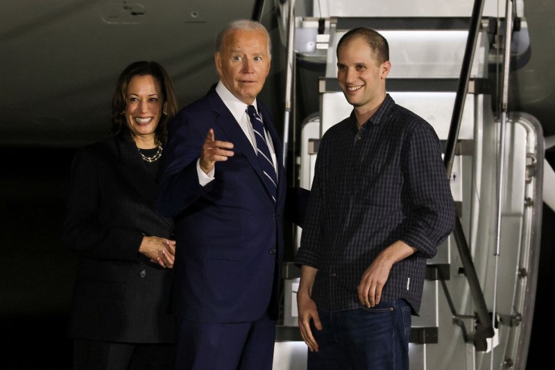 Vice President Kamala Harris and President Joe Biden greet Journalist Evan Gershkovich who was recently released from a Russian prison in a prisoner swap at Joint Base Andrews on Thursday night in Prince Georges County, Md. Photo by Jemal Countess/UPI