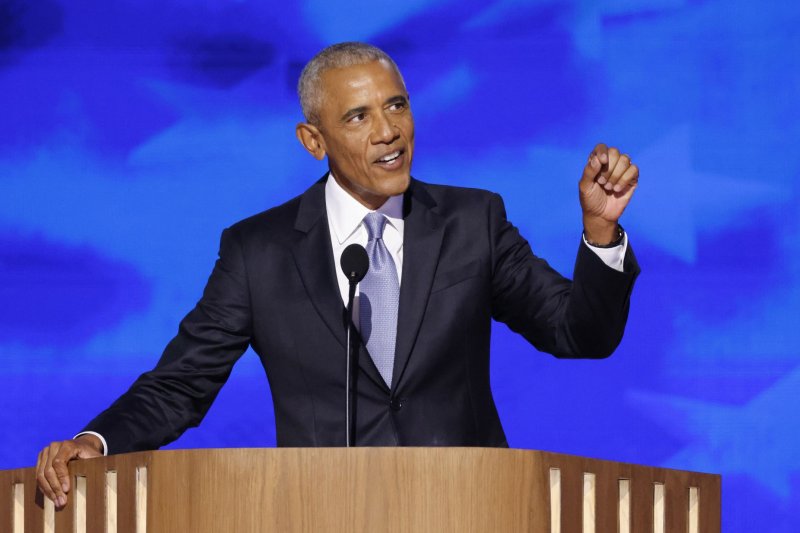 Former President Barack Obama calls on Americans to "be a force for good" as he promoted civility and unity during his keynote speech for Democratic nominee Kamala Harris on Tuesday at the 2024 Democratic National Convention at the United Center in Chicago, Illinois. Photo by Tannen Maury/UPI