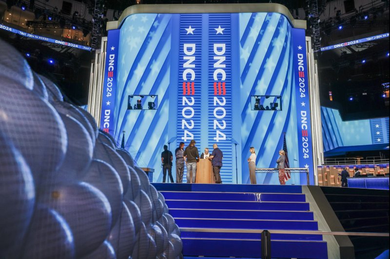 Preparations continue at the United Center, which will be the location of the evening activities at the 2024 Democratic National Convention in Chicago. Photo by Tannen Maury/UPI