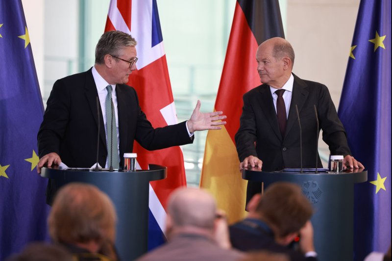 British Prime Minister Keir Starmer (L) and German Chancellor Olaf Scholz inaugurated negotiations for a new treaty as part of a post-Brexit reset in relations between the two countries. Wednesday's talks in the Chancellery in Berlin was Starmer's fifth meeting with his German counterpart since winning a landslide general election July 4. Photo by Clemens Bilan/EPA-EFE