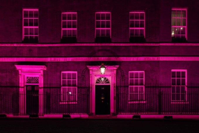 The British prime minister's 10 Downing Street residence was washed in pink lights Saturday night "as a mark of respect and solidarity" with those affected by last week's stabbing spree that killed three children. Photo courtesy of 10 Downing Street/X