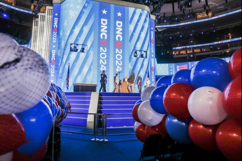 Preparations continued on Friday at the United Center, which will be the location of the evening activities at the 2024 Democratic National Convention in Chicago. Photo by Tannen Maury/UPI