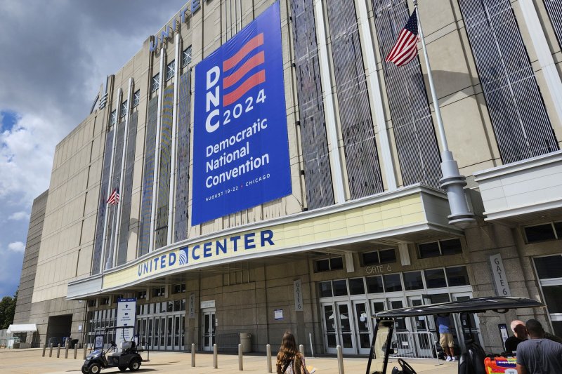 Preparations for next week's 2024 Democratic National Convention continued at Chicago's United Center on Saturday. City officials hope the week-long event will have an economic impact of more than $100 million. Photo by Tannen Maury/UPI