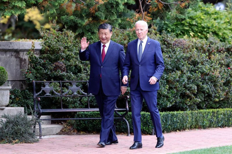 United States President Joe Biden meets with President Xi Jinping of the People's Republic of China in November 2023, in Woodside, Calif. On Sunday, Beijing threatened to take action against the United States after the Biden administration sanctioned dozens of Chinese companies. File Photo via MFA China/UPI