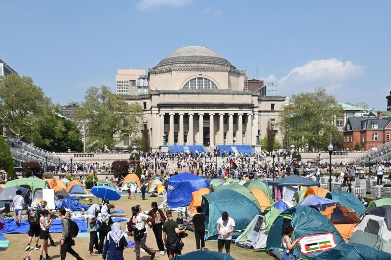 A pro-Palestinian encampment sits at the center of Columbia University in New York City on April 29, one day before protesters who barricaded themselves inside Hamilton Hall were arrested. On Wednesday, Columbia president Minouche Shafik announced her resignation. File Photo by Louis Lanzano/UPI