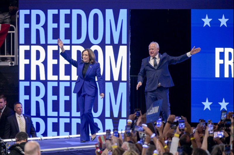 Democratic presidential candidate Vice President Kamala Harris will deliver her history-making presidential nomination acceptance speech Thursday night as the Democratic National Convention ends. Harris shown at Milwaukee rally with her Vice Presidential running mate, Minnesota Governor Tim Walz in Milwaukee, Wisconsin on Tuesday. Photo by Mark Black/UPI