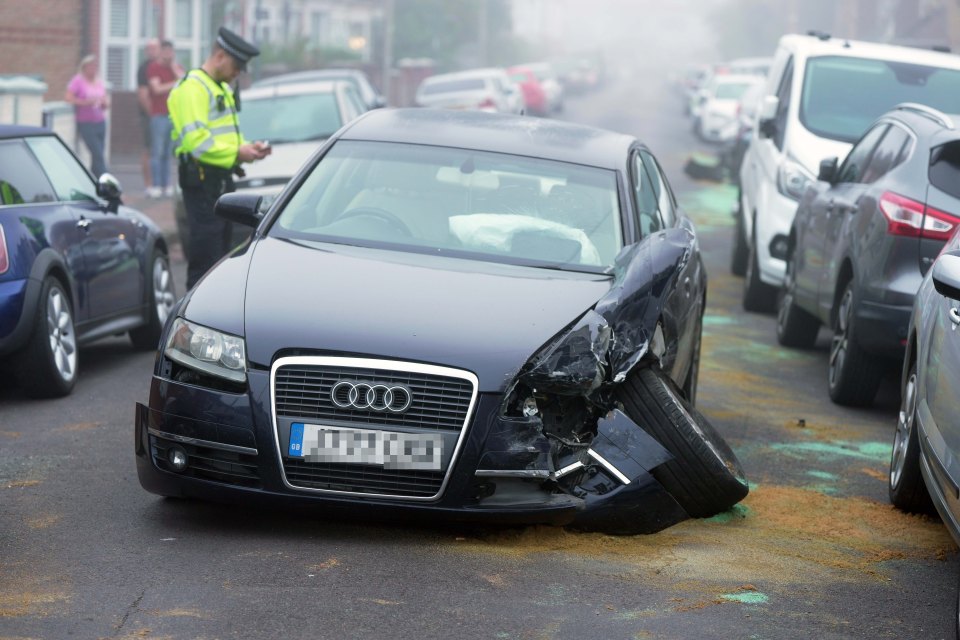 An Audi is left wrecked on a residential street in Bognor Regis