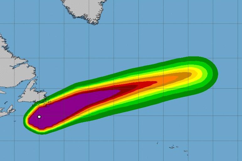 Hurricane Ernesto was passing south of Canada's Newfoundland late Monday. Image courtesy of NOAA