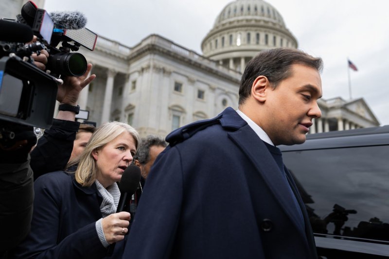 Republican Rep. George Santos of New York leaves the U.S. Capitol after being expelled from Congress after a bipartisan vote on December 1, 2023. On Monday, Santos pleaded guilty in New York to wire fraud and aggravated identity theft. He could face up to eight years in prison. File Photo by Julia Nikhinson/UPI