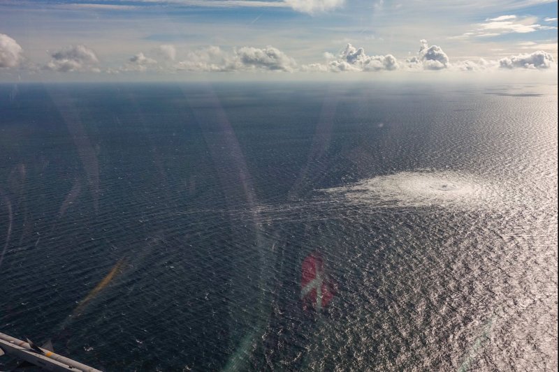 View taken in Sept. 2022 from a Danish F-16 interceptor of the Nord Stream 2 gas leak just south of Dueodde, Denmark. In June, German prosecutors issued an arrest warrant in Poland for an unidentified Ukranian male diving instructor known in Germany as “Volodymyr Z," confirmed Wednesday by Polish officials. File Photo by Danish Defence/UPI