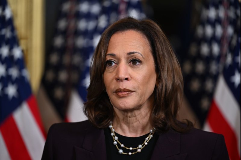 Vice President Kamala Harris on Monday night received 99% of the votes in a virtual roll call vote to determine the Democratic presidential nominee. Pool Photo by Kenny Holston/UPI