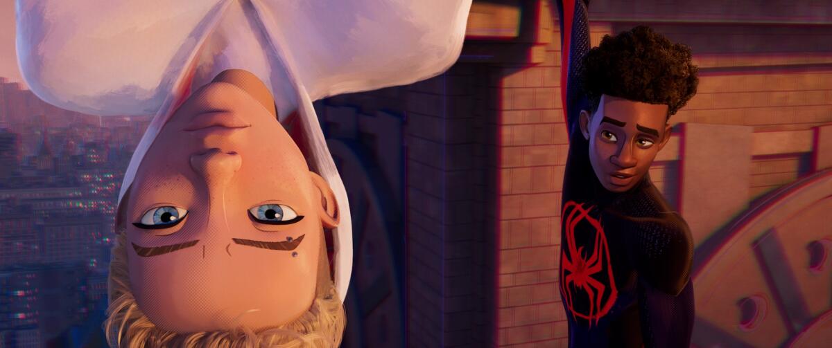 Animated shot of Gwen Stacy in a white suit, hanging upside down, as Miles Morales hangs nearby in a black suit.