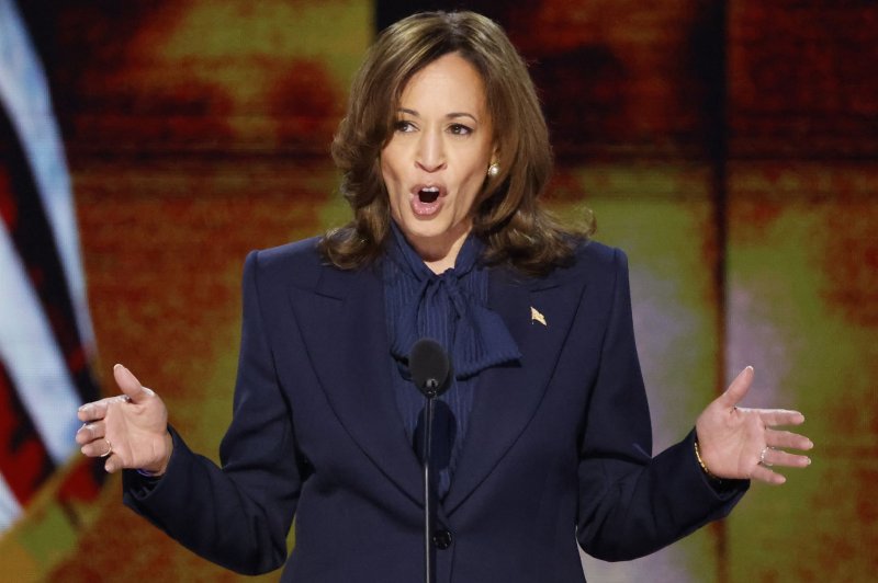 Democratic presidential nominee Vice President Kamala Harris speaks at the 2024 Democratic National Convention at the United Center in Chicago, Illinois on Thursday. On Monday, more than 200 ex-staffers for former President George W. Bush and his father, former President George H.W. Bush, the late Sen. John McCain and Sen. Mitt Romney endorsed Harris for president. Photo by Tannen Maury/UPI