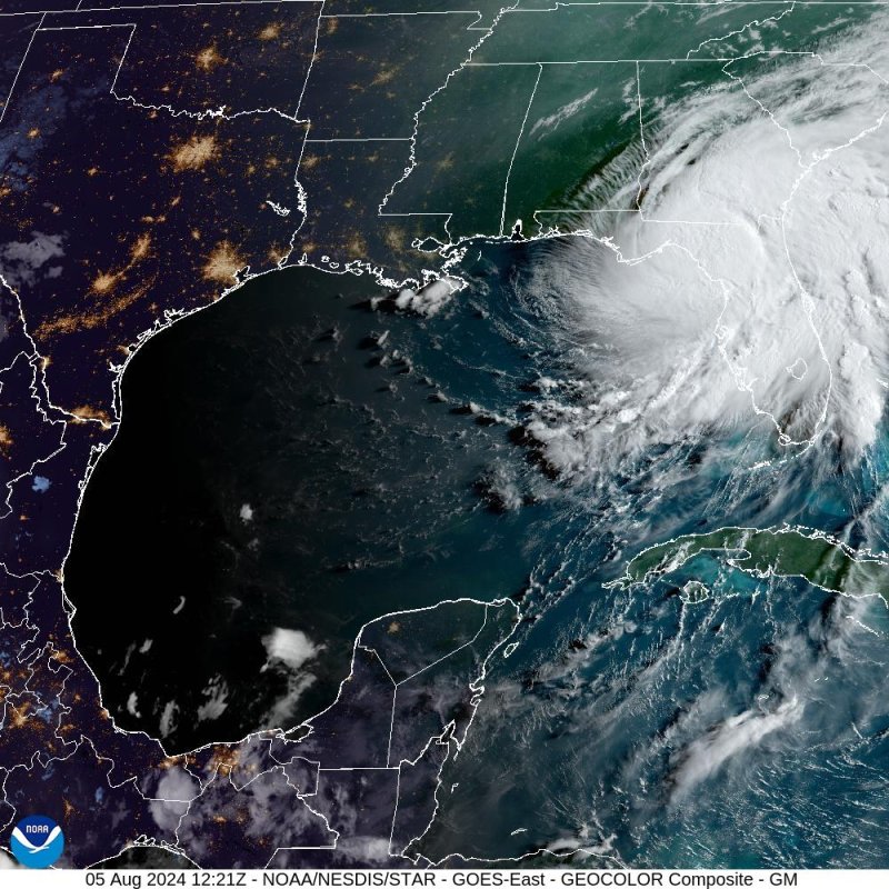 Hurricane Debby was moving inland Monday morning after making landfall in Florida's Big Bend region as a Category 1 storm. Photo courtesy NOAA