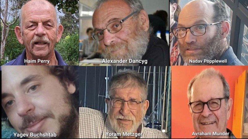 Israel on Tuesday announced the retrieval of the bodies of six hostages held by Hamas in Gaza. The six men have been identified and pictured here from top left as Haim Perry, Alexander Dancyg and Nadav Popplewell, pictured here from top left. And from bottom left as Yagev Buchstab, Yoram Metzger and Avraham Munder. Photo courtesy of Israel Defense Forces/X