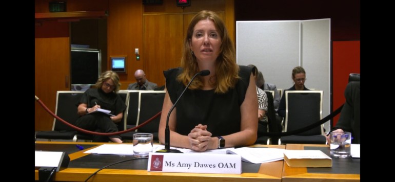 Amy Dawes speaking at the inquiry. She is wearing a black sleeveless dress and has strawberry blonde hair. She looks composed and serious.