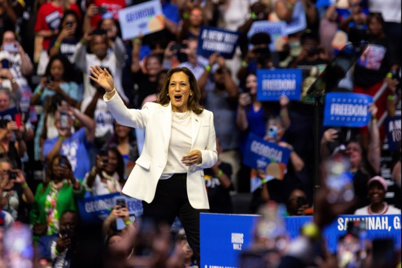 Vice President and Democratic presidential nominee Kamala Harris arrives to speak during a campaign rally at the Enmarket Arena in Savannah, Ga., on Thursday. She later sat down with running mate Tim Walz for an in-depth interview with CNN in Atlanta. Photo by Hunter D. Cone/EPA-EFE