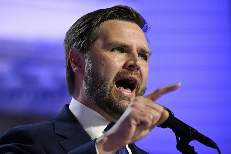 Former President Donald Trump's running mate Ohio Sen. JD Vance said voters in Michigan and other swing states have a choice between voting for prosperity under Trump or poverty under Vice President Kamala Harris while addressing a campaign rally Wednesday in Byron Center, Mich. Photo by Matt Marton/UPI