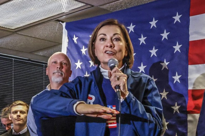 Iowa Gov. Kim Reynolds introduces Florida Gov. Ron DeSantis at the Never Back Down Iowa headquarters in West Des Moines, Iowa, on Jan. 13. Reynolds supported the passage of a six-week abortion ban in Iowa for the past six years. It took effect on Monday. File Photo by Tannen Maury/UPI