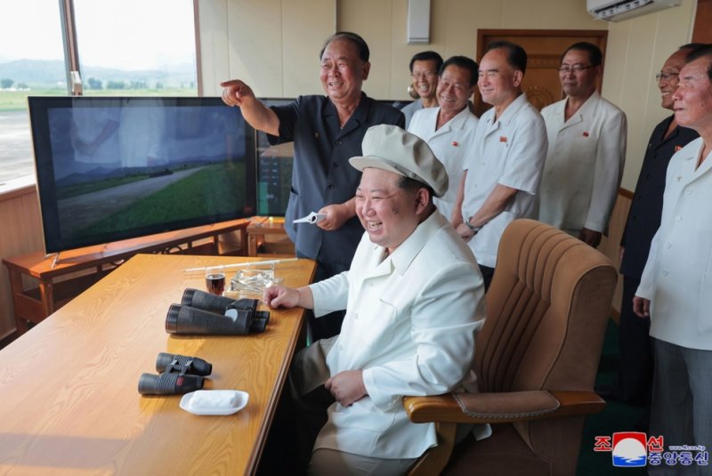 North Korean leader Kim Jong Un oversees a performance test of various drones during a visit to the Drone Institute of North Korea's Academy of Defense Sciences at an undisclosed location in North Korea, state media reported Monday. Photo by KCNA/EPA-EFE