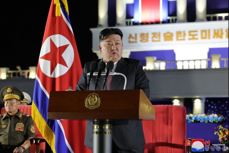 A photo released by the official North Korean Central News Agency (KCNA) on Monday shows North Korean leader Kim Jong Un attending a ceremony to transfer a new-type tactical ballistic missile weapon system in Pyongyang, North Korea. Photo by KCNA/EPA-EFE