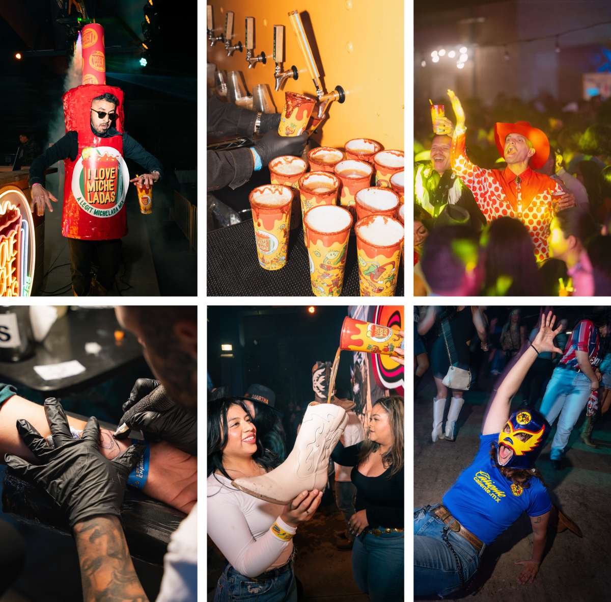 A group of six photos together, all of people drinking micheladas and partying.