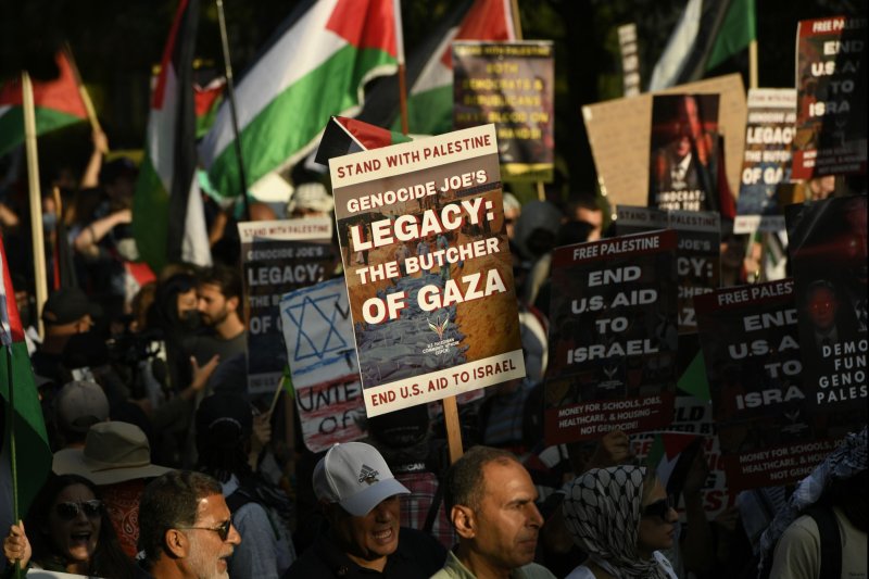 Protesters march during the 2024 Democratic National Convention in Chicago on Wednesday. On Thursday, the group Muslim Women for Harris-Walz disbanded after a request from the uncommitted movement to give a Palestinian American a speaking slot at the Democratic National Convention was denied. Photo by Paul Beaty/UPI