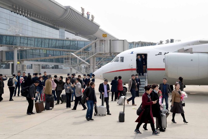 Passengers land at the airport in Pyongyang in 2017, on a flight from the Chinese city of Dandong. File Photo by KCNA/UPI