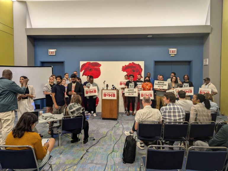 Palestinian rights advocates hold a news conference on the sidelines of the Democratic National Convention in Chicago, August 22, 2024