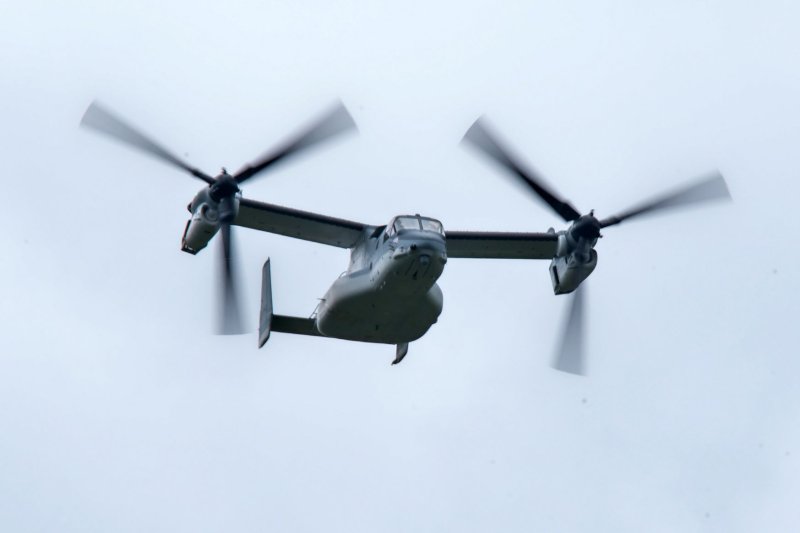 Japan Ground Self-Defense Force's V-22 Osprey takes part in the live-firing exercise "Fuji Comprehensive Firepower Exercise 2024" at the Higashi Fuji training field in Shizuoka-prefecture, Japan on May 26. The Pentagon made a ruling on the cause of a November Osprey crash. File Photo by Keizo Mori/UPI