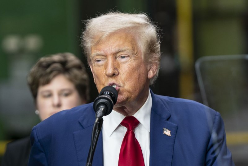 Republican Presidential candidate Donald Trump delivers policy remarks on the economy at Precision Components Group in York, Pa., on Monday. On Thursday, he appeared near Arizona's border with Mexico, describing Vice President Kamala Harris as a Marxist because of how the White House is dealing with illegal migration. Photo by Bonnie Cash/UPI