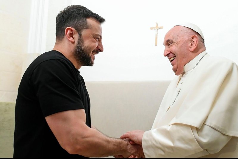 Ukrainian President Volodymyr Zelensky (L) and Pope Francis meet on the sidelines of a working session during the G7 Summit in Savelletri, Italy, on Friday, June 14. Photo courtesy of Office of Ukraine President/UPI